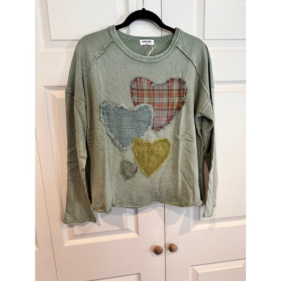 Mottoshop Heart Patchwork Long Sleeve Olive Green Distressed Crew Neck Top - Picture 2 of 8